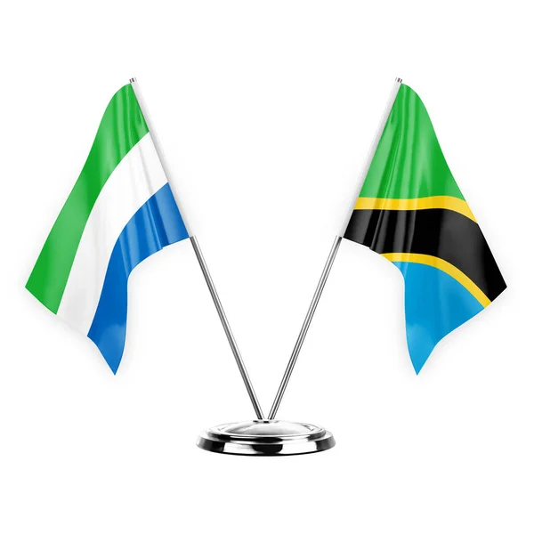 Two Table Flags Isolated White Background Illustration Sierra Leone Tanzania — стоковое фото