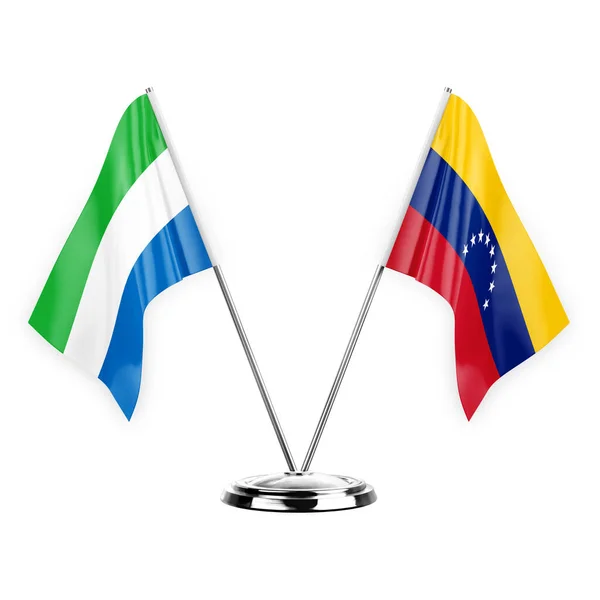 白い背景の3Dイラストに隔離された2つのテーブルフラグ シエラレオーネとベネズエラ — ストック写真