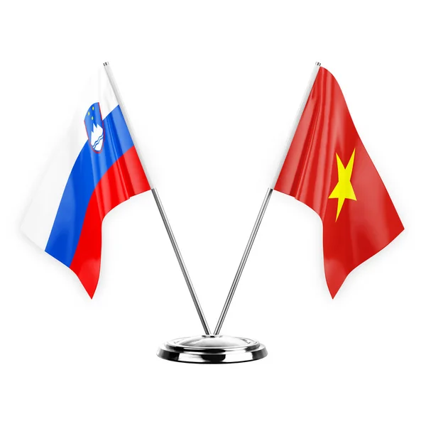 Two Table Flags Isolated White Background Illustration Slovenia Vietnam — стоковое фото