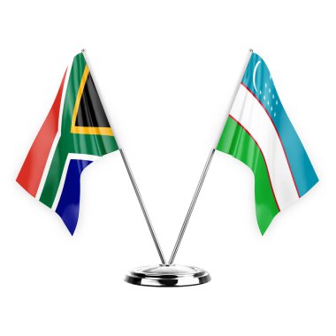 Two table flags isolated on white background 3d illustration, south africa and uzbekistan