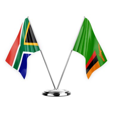 Two table flags isolated on white background 3d illustration, south africa and zambia