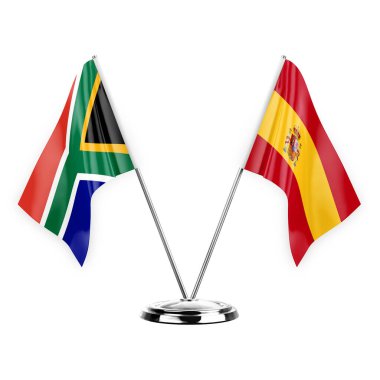 Two table flags isolated on white background 3d illustration, south africa and spain