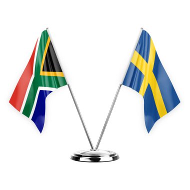 Two table flags isolated on white background 3d illustration, south africa and sweden