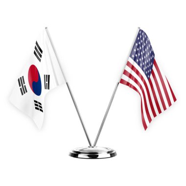 Two table flags isolated on white background 3d illustration, south korea and usa