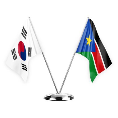 Two table flags isolated on white background 3d illustration, south korea and south sudan