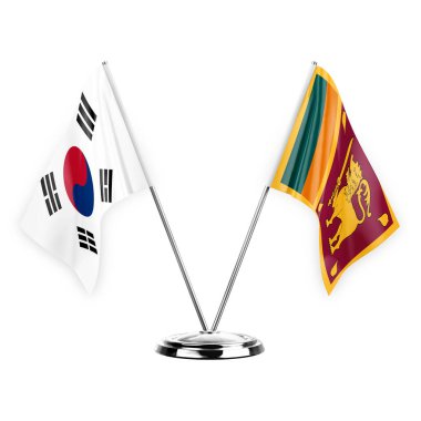Two table flags isolated on white background 3d illustration, south korea and sri lanka