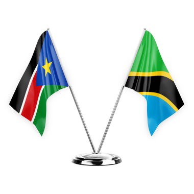 Two table flags isolated on white background 3d illustration, south sudan and tanzania