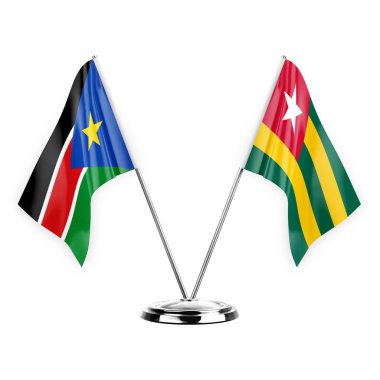 Two table flags isolated on white background 3d illustration, south sudan and togo