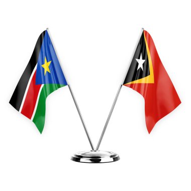 Two table flags isolated on white background 3d illustration, south sudan and timor leste