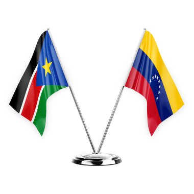 Two table flags isolated on white background 3d illustration, south sudan and venezuela