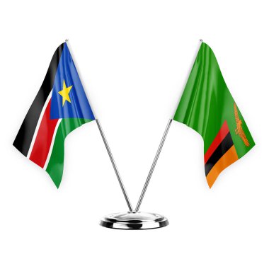 Two table flags isolated on white background 3d illustration, south sudan and zambia