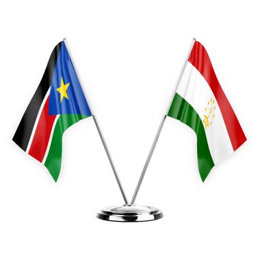 Two table flags isolated on white background 3d illustration, south sudan and tajikistan