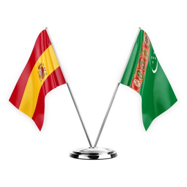 Two table flags isolated on white background 3d illustration, spain and turkmenistan
