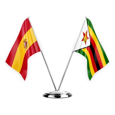 Two table flags isolated on white background 3d illustration, spain and zimbabwe
