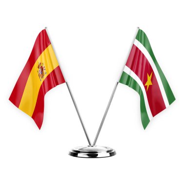 Two table flags isolated on white background 3d illustration, spain and suriname