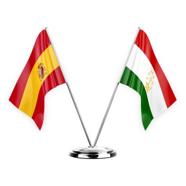 Two table flags isolated on white background 3d illustration, spain and tajikistan