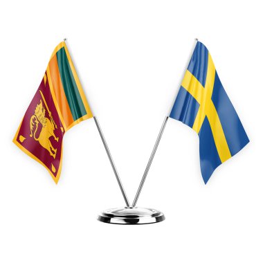Two table flags isolated on white background 3d illustration, sri lanka and sweden