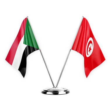 Two table flags isolated on white background 3d illustration, sudan and tunisia