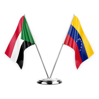Two table flags isolated on white background 3d illustration, sudan and venezuela