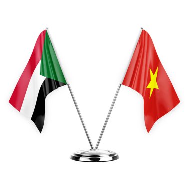 Two table flags isolated on white background 3d illustration, sudan and vietnam