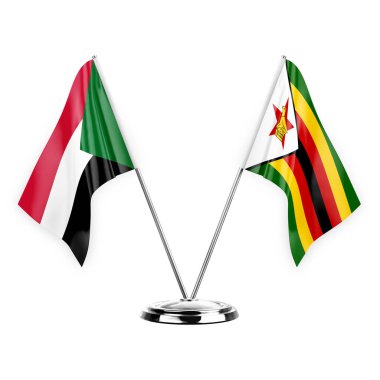 Two table flags isolated on white background 3d illustration, sudan and zimbabwe