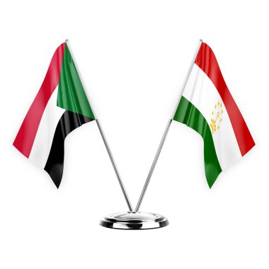 Two table flags isolated on white background 3d illustration, sudan and tajikistan