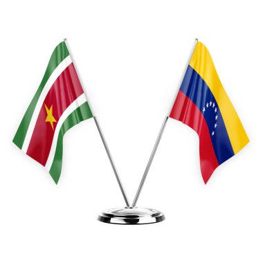 Two table flags isolated on white background 3d illustration, suriname and venezuela