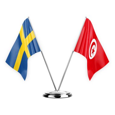 Two table flags isolated on white background 3d illustration, sweden and tunisia