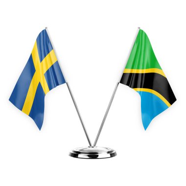 Two table flags isolated on white background 3d illustration, sweden and tanzania
