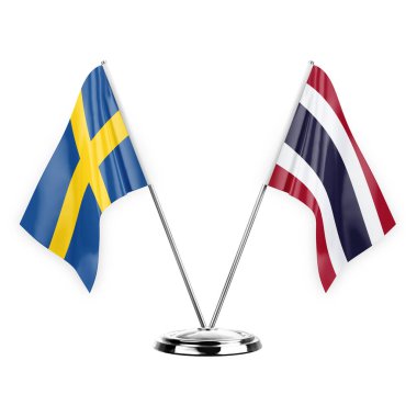 Two table flags isolated on white background 3d illustration, sweden and thailand