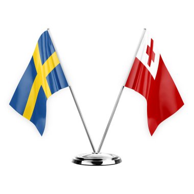 Two table flags isolated on white background 3d illustration, sweden and tonga