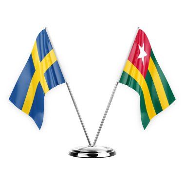 Two table flags isolated on white background 3d illustration, sweden and togo
