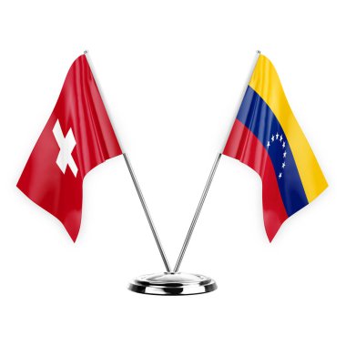 Two table flags isolated on white background 3d illustration, switzerland and venezuela