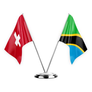 Two table flags isolated on white background 3d illustration, switzerland and tanzania