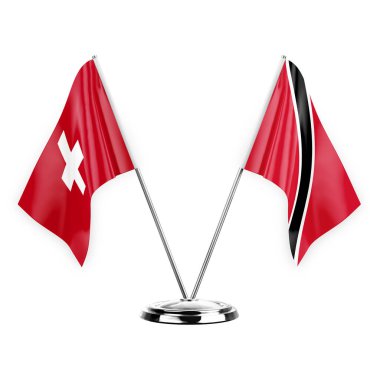 Two table flags isolated on white background 3d illustration, switzerland and tobago