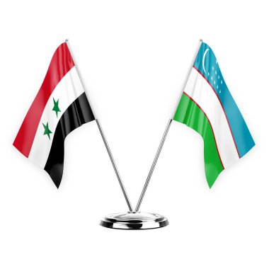 Two table flags isolated on white background 3d illustration, syria and uzbekistan