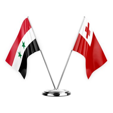 Two table flags isolated on white background 3d illustration, syria and tonga