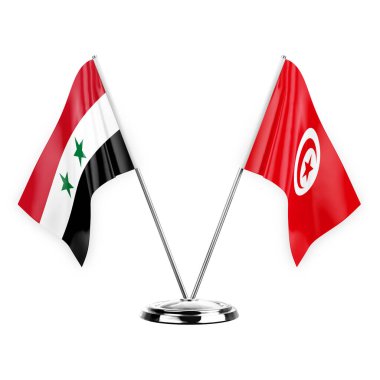 Two table flags isolated on white background 3d illustration, syria and tunisia