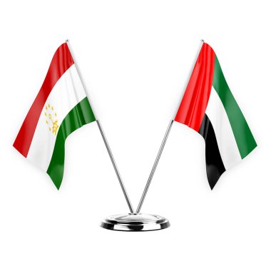 Two table flags isolated on white background 3d illustration, tajikistan and united arab emirates