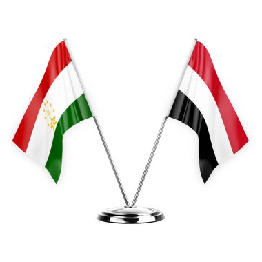 Two table flags isolated on white background 3d illustration, tajikistan and yemen