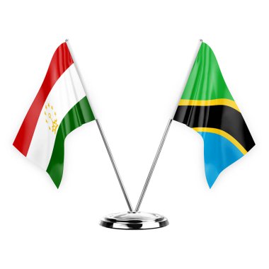 Two table flags isolated on white background 3d illustration, tajikistan and tanzania