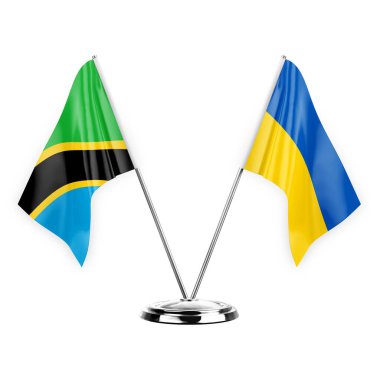 Two table flags isolated on white background 3d illustration, tanzania and ukraine
