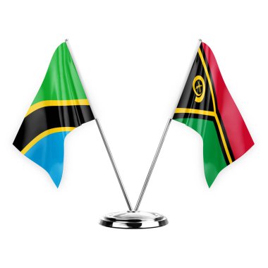 Two table flags isolated on white background 3d illustration, tanzania and vanuatu