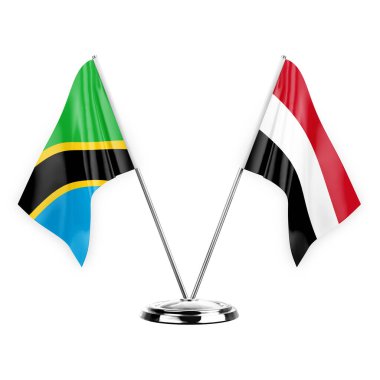 Two table flags isolated on white background 3d illustration, tanzania and yemen