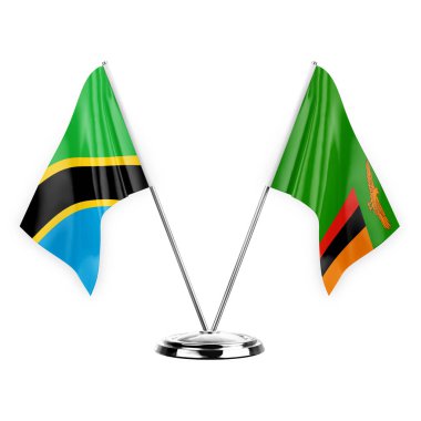 Two table flags isolated on white background 3d illustration, tanzania and zambia