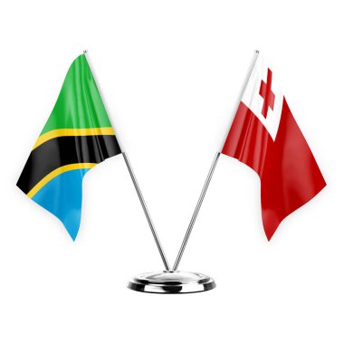 Two table flags isolated on white background 3d illustration, tanzania and tonga