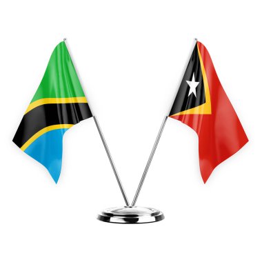 Two table flags isolated on white background 3d illustration, tanzania and timor leste