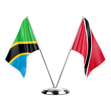 Two table flags isolated on white background 3d illustration, tanzania and tobago