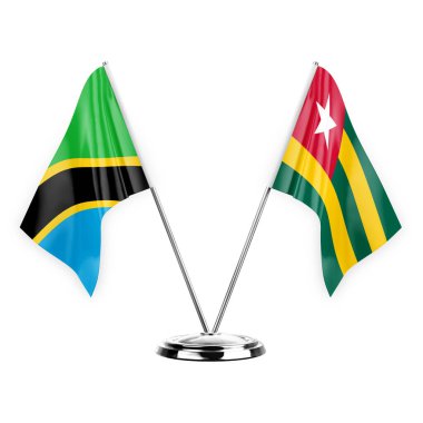 Two table flags isolated on white background 3d illustration, tanzania and togo