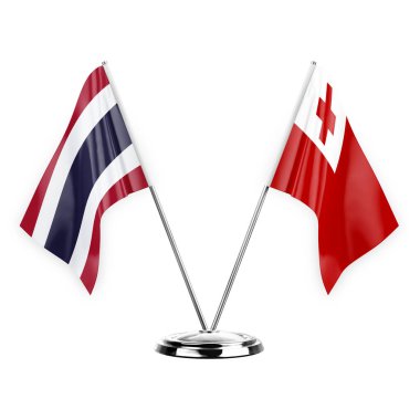Two table flags isolated on white background 3d illustration, thailand and tonga